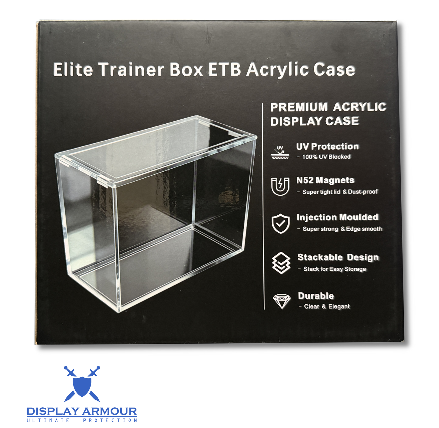 Elite Trainer Box ETB Acrylic Case packaging with clear acrylic case illustration and feature list.