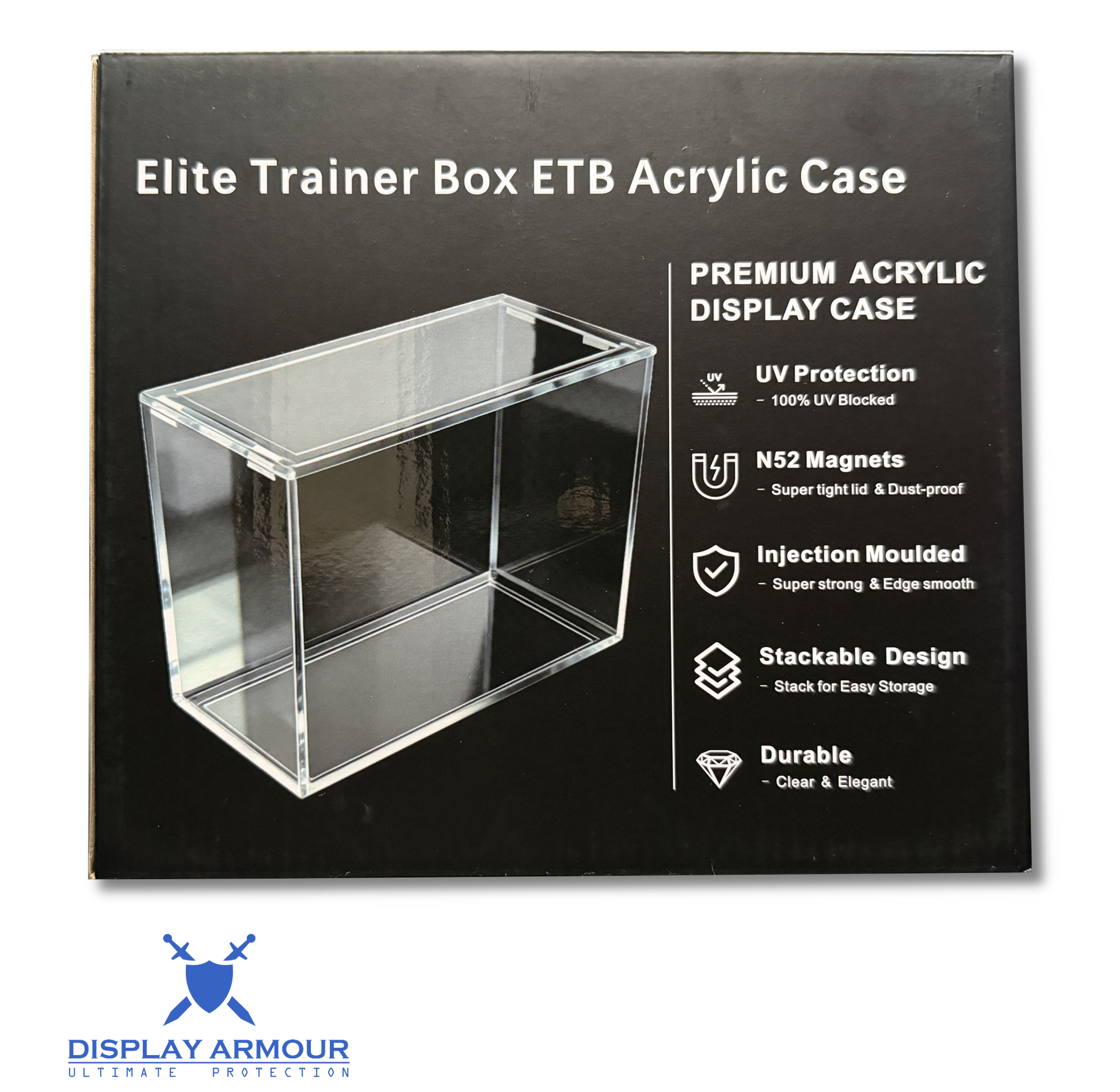 Elite Trainer Box ETB Acrylic Case packaging with clear acrylic case illustration and feature list.