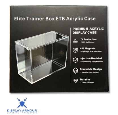 Elite Trainer Box ETB Acrylic Case packaging with clear acrylic case illustration and feature list.