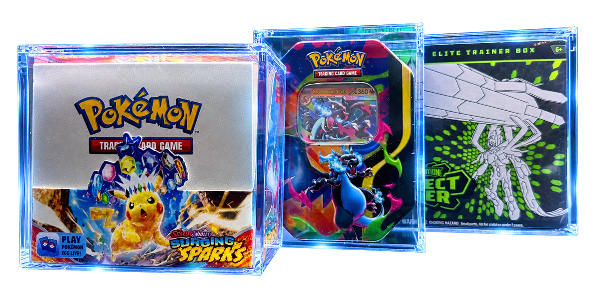 Illuminated Display Armour cases protecting Pokémon cards, tins and boxes
