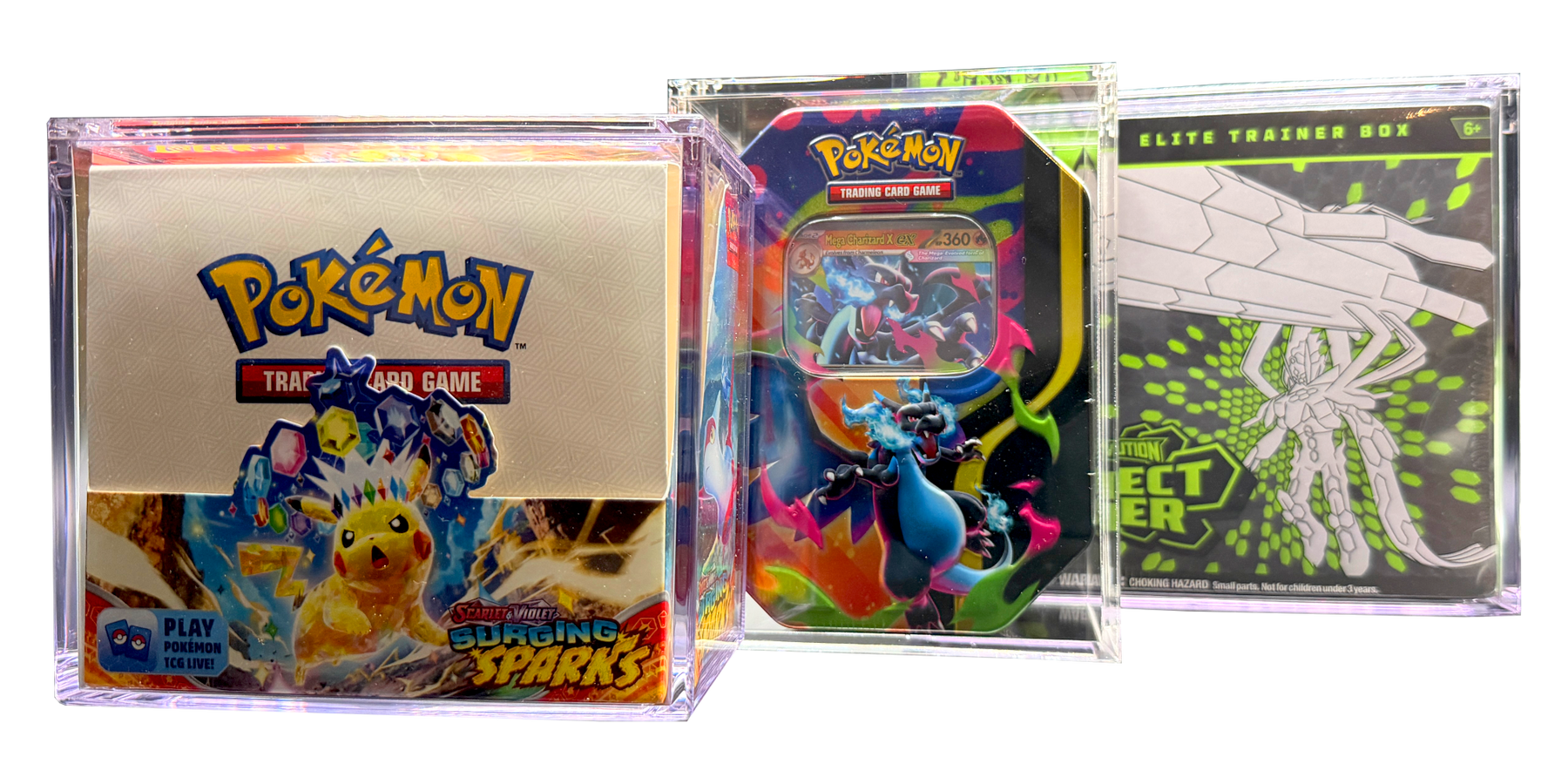 Display Armour Pokemon acrylic display cases protecting booster boxes, Elite Trainer Boxes and sealed Pokemon products