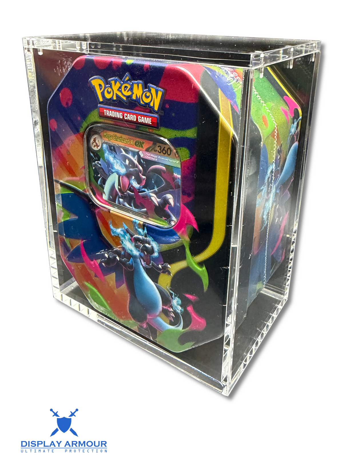 Pokémon tin acrylic display case protecting a sealed Pokémon collector tin with crystal-clear UV-protective acrylic and ArmourLock™ magnetic closure
