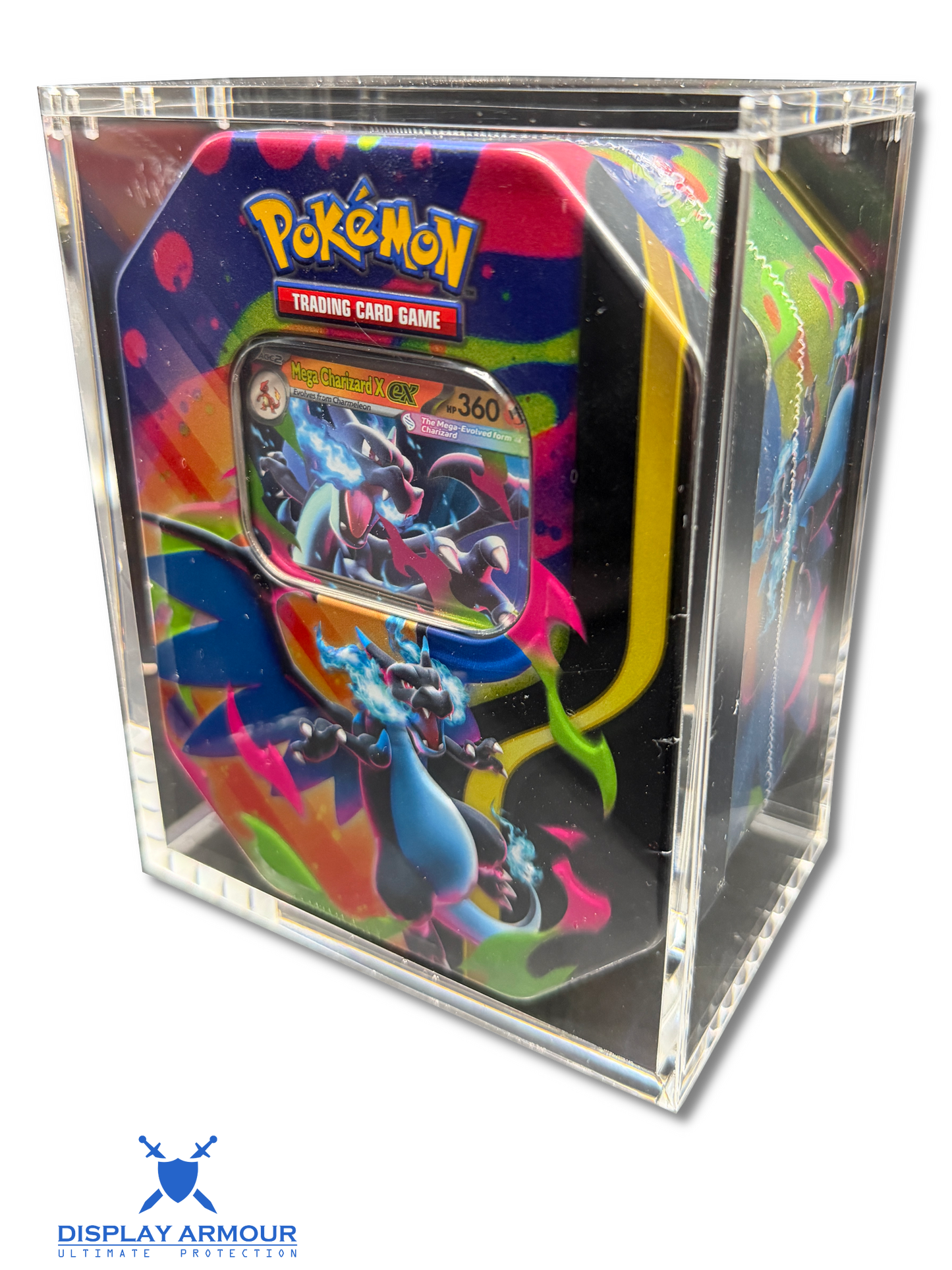 Pokémon collector tin acrylic display case front left angle view