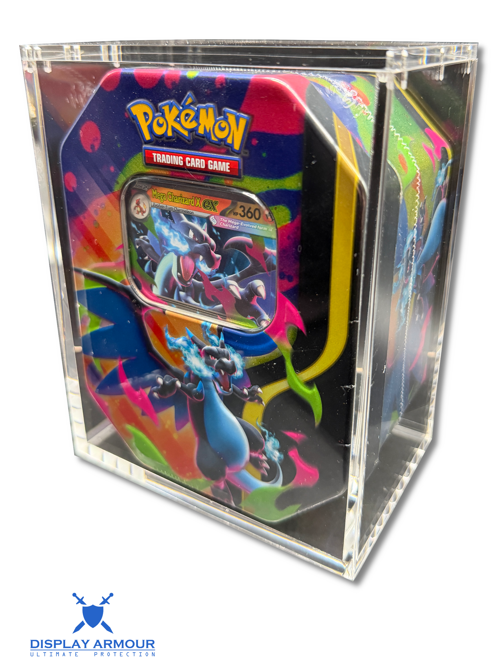 Pokémon collector tin acrylic display case front left angle view