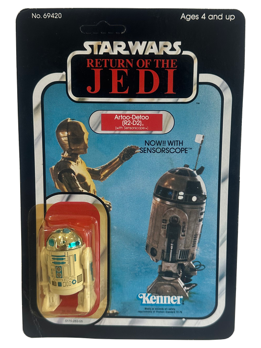 R2-D2 action figure from Star Wars by Kenner, showcasing detailed design and classic blue and white color scheme.