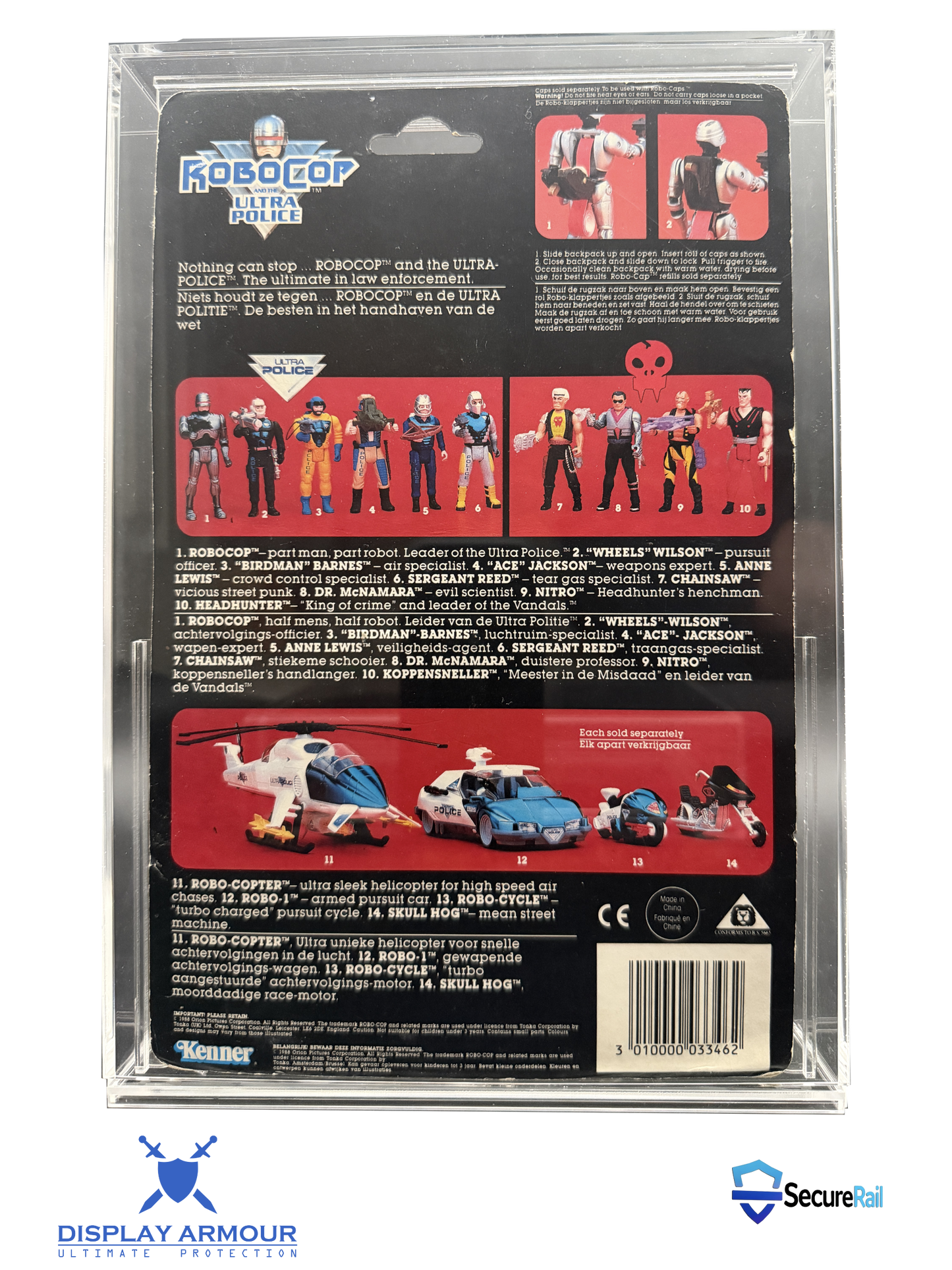 Back of a toy figure packaging with character illustrations and text.
