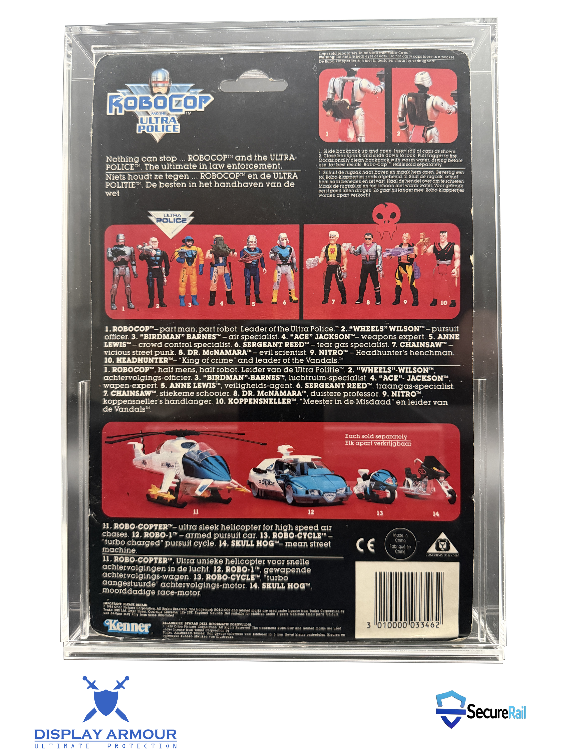 Back of a toy figure packaging with character illustrations and text.