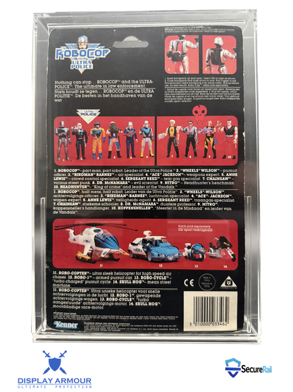 Back of a toy figure packaging with character illustrations and text.