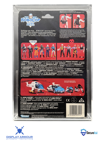RoboCop mint on card figure rear cardback in acrylic display case.