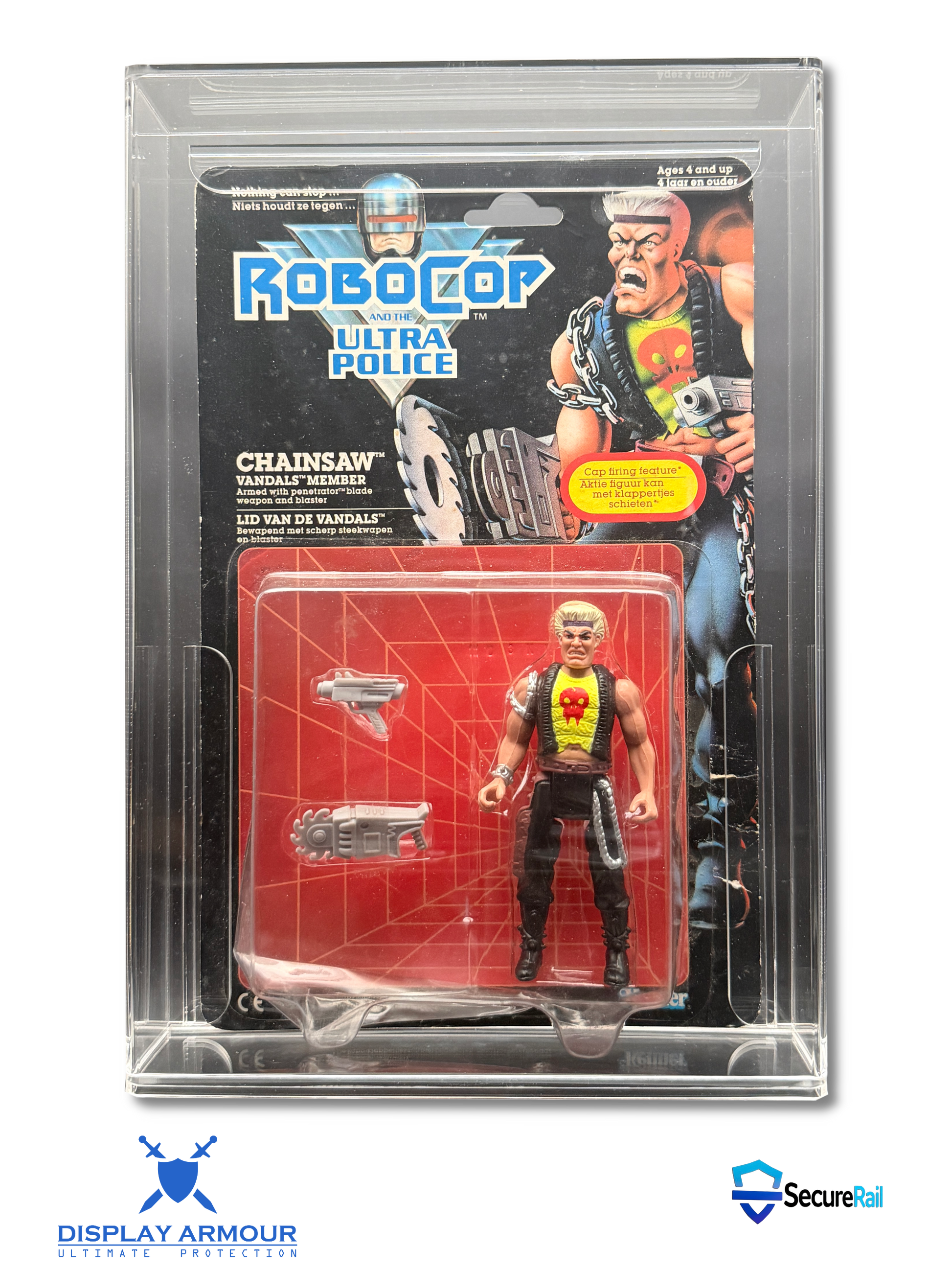 RoboCop mint on card figure front view in acrylic display case.