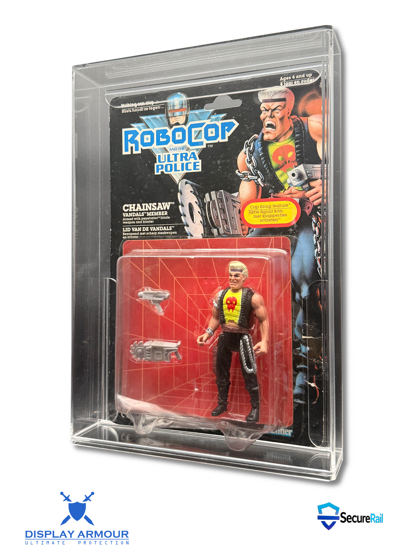 RoboCop mint on card figure side angle in acrylic display case.