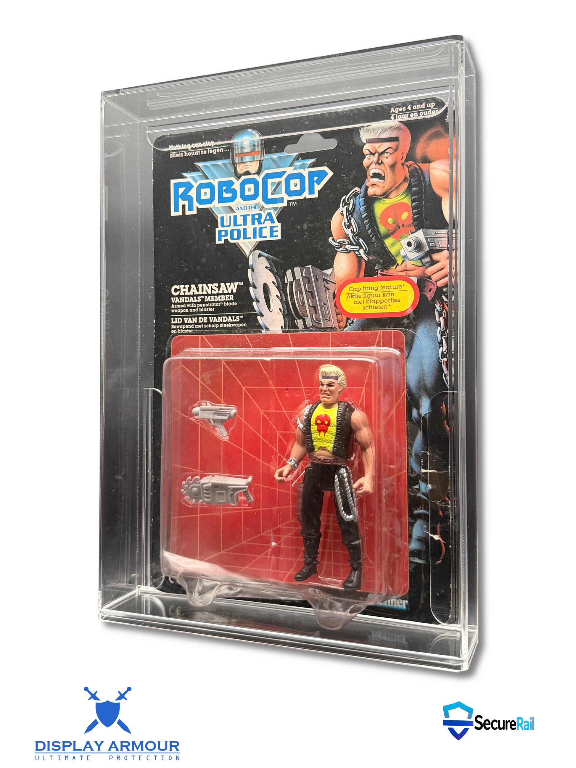 RoboCop mint on card figure side angle in acrylic display case.
