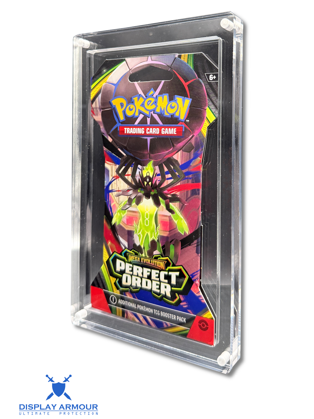 Pokémon sleeved booster acrylic display case protecting a sealed sleeved Pokémon booster pack with ArmourLock™ magnetic closure