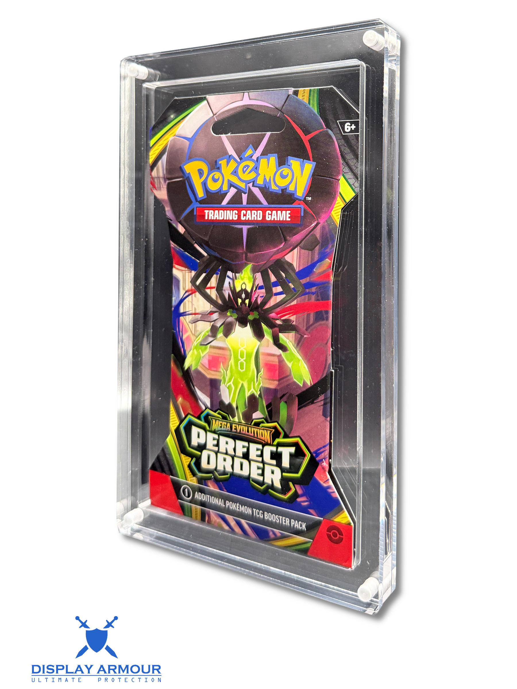 Display Armour acrylic display cases protecting sealed Pokémon sleeved booster packs and Mini Tins