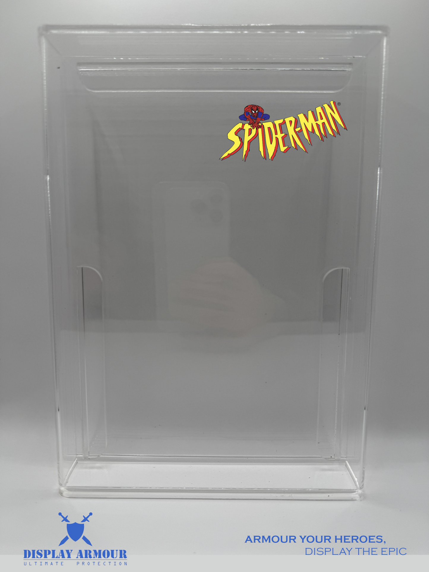 Spider-Man The Animated Series Toy Biz action figures displayed in 4mm UV acrylic cases by Display Armour