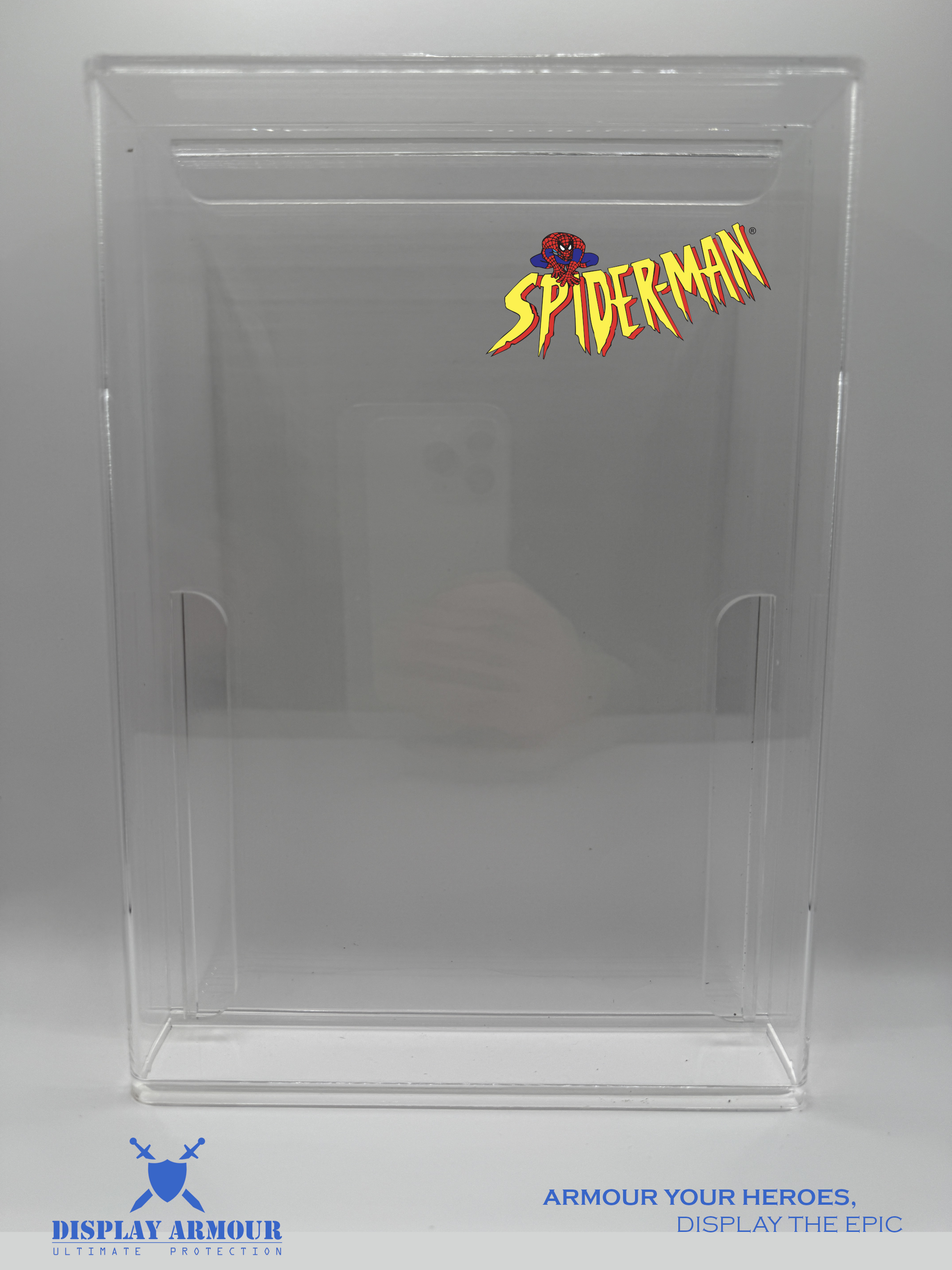 Spider-Man The Animated Series Toy Biz action figures displayed in 4mm UV acrylic cases by Display Armour