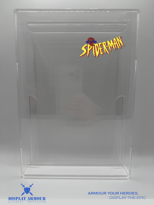 Spider-Man The Animated Series Toy Biz action figures displayed in 4mm UV acrylic cases by Display Armour