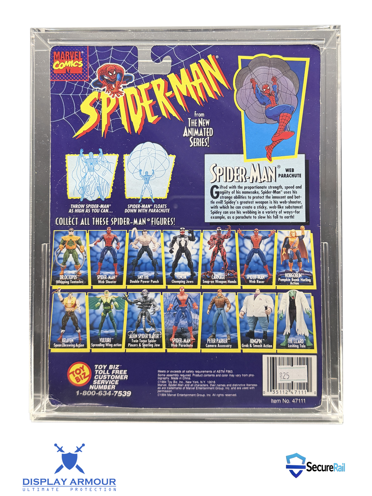 Spider-Man The Animated Series Toy Biz MOC figures displayed together in Display Armour acrylic display cases