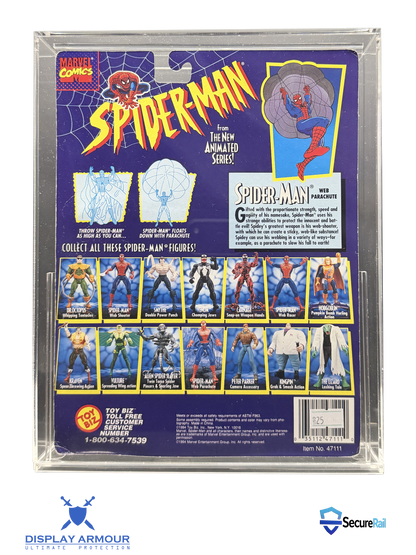 Spiderman mint on card figure rear cardback in acrylic display case.