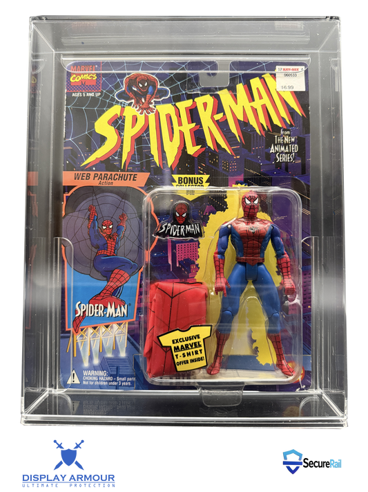 Spider-Man action figure in packaging with 'Display Armour' and 'Secureit' branding.