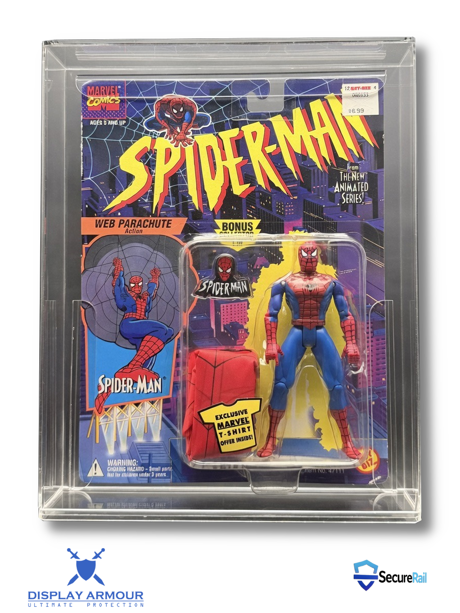 Spider-Man The Animated Series Toy Biz tall card MOC figure protected in Display Armour tall card acrylic display case