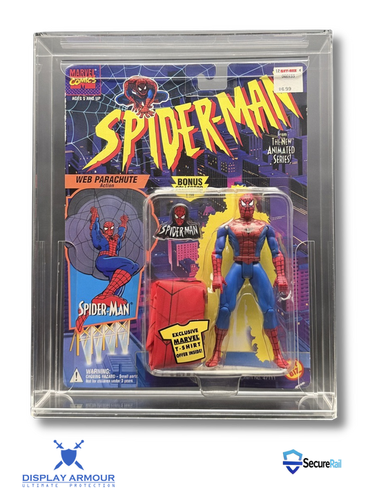 Spider-Man mint on card figure front view in acrylic display case.