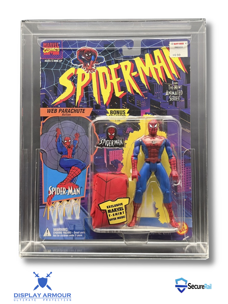 Spider-Man mint on card figure front view in acrylic display case.
