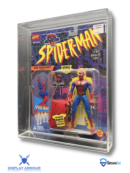 Spider-Man mint on card figure side angle in acrylic display case.