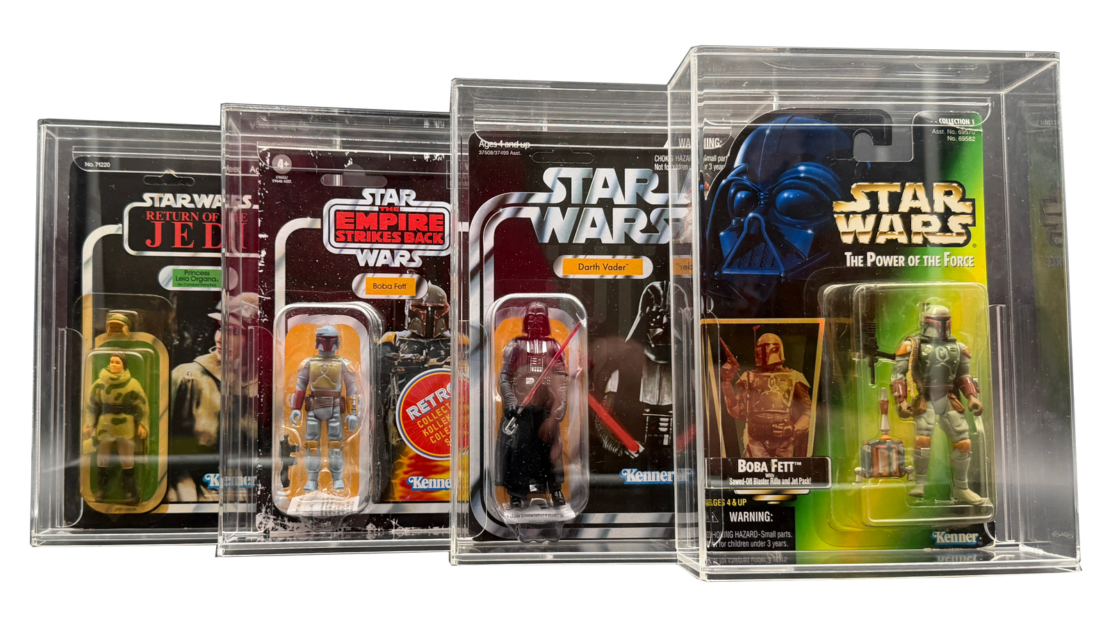 Vintage and modern Star Wars carded figures in Display Armour cases
