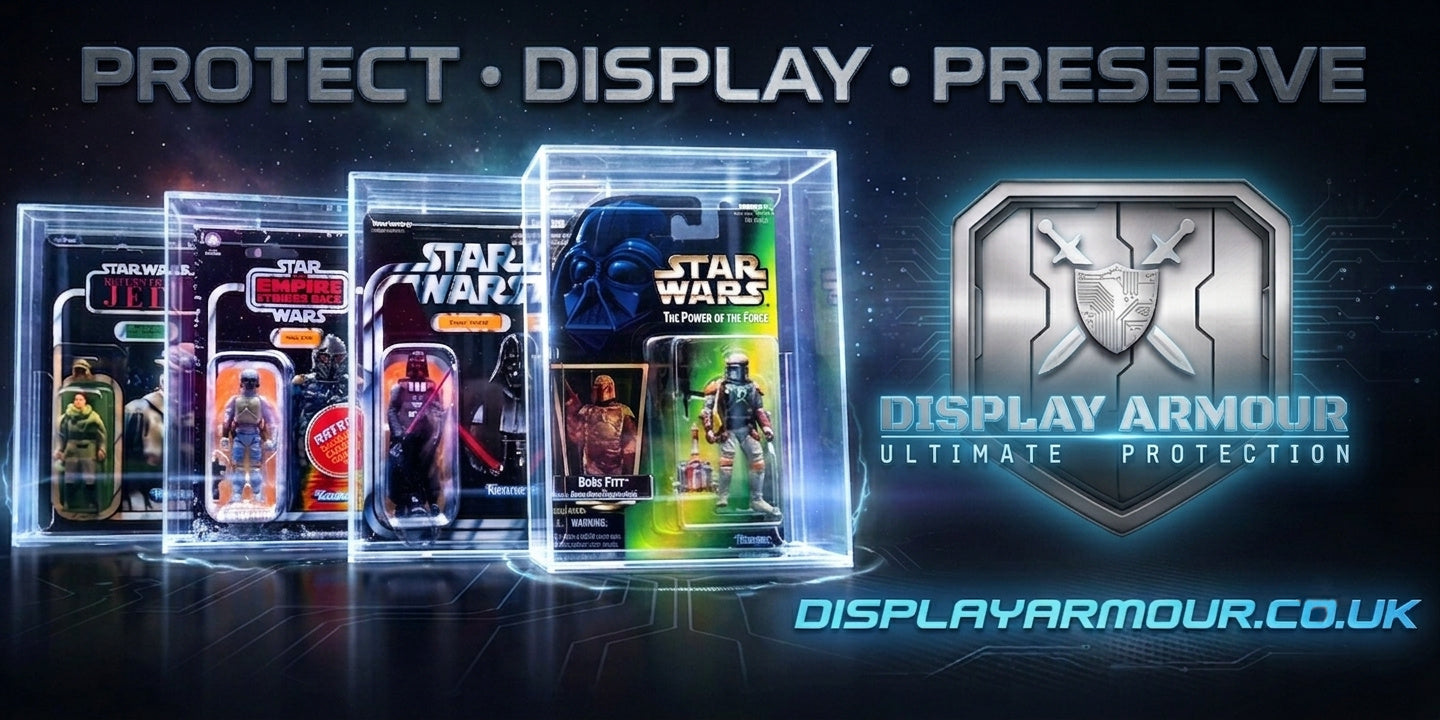 Display Armour Star Wars Kenner acrylic display cases with UV protection for vintage action figures and collectibles