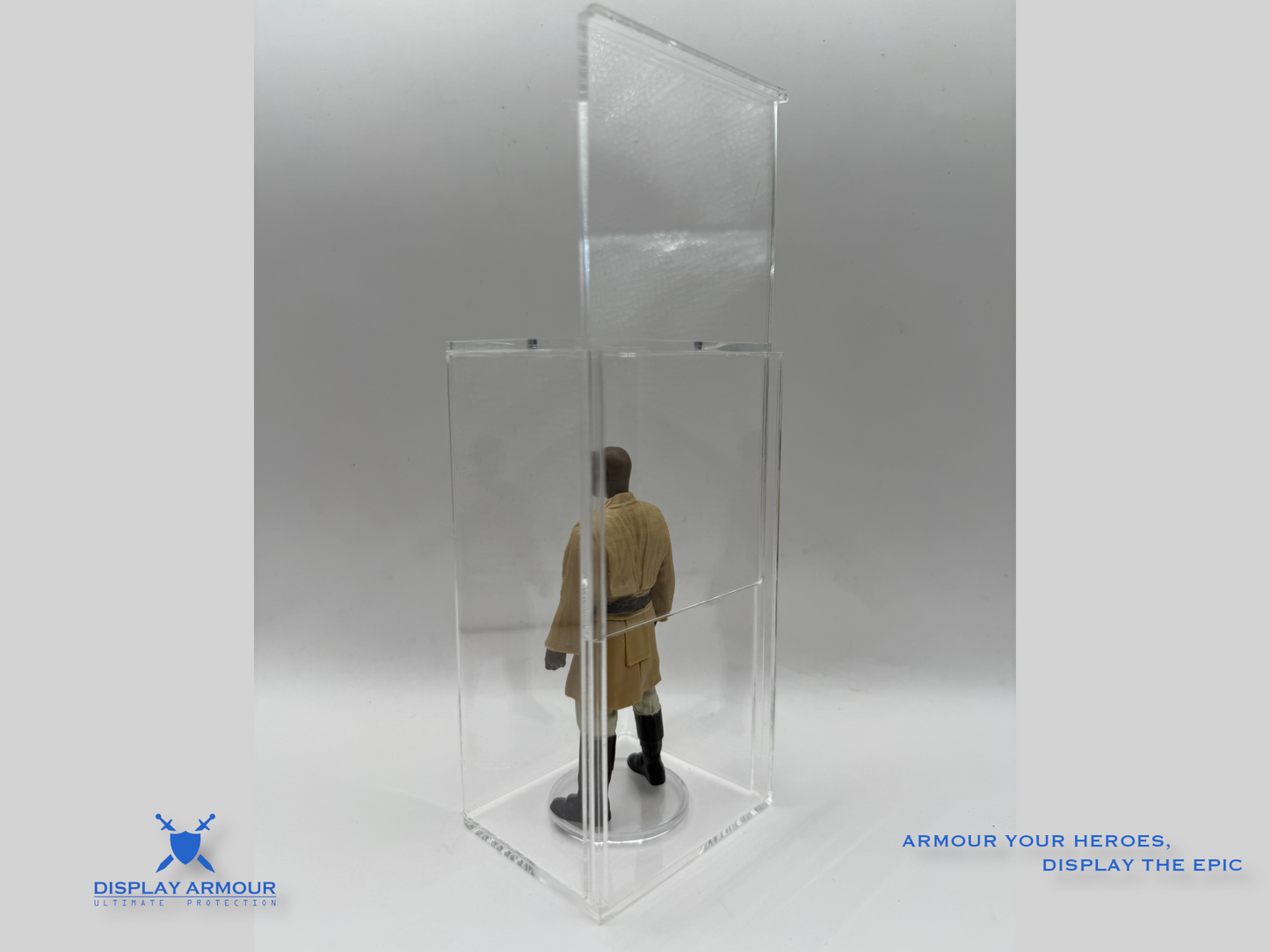 Oversized Star Wars Kenner display case – rear angle open slide panel configuration
