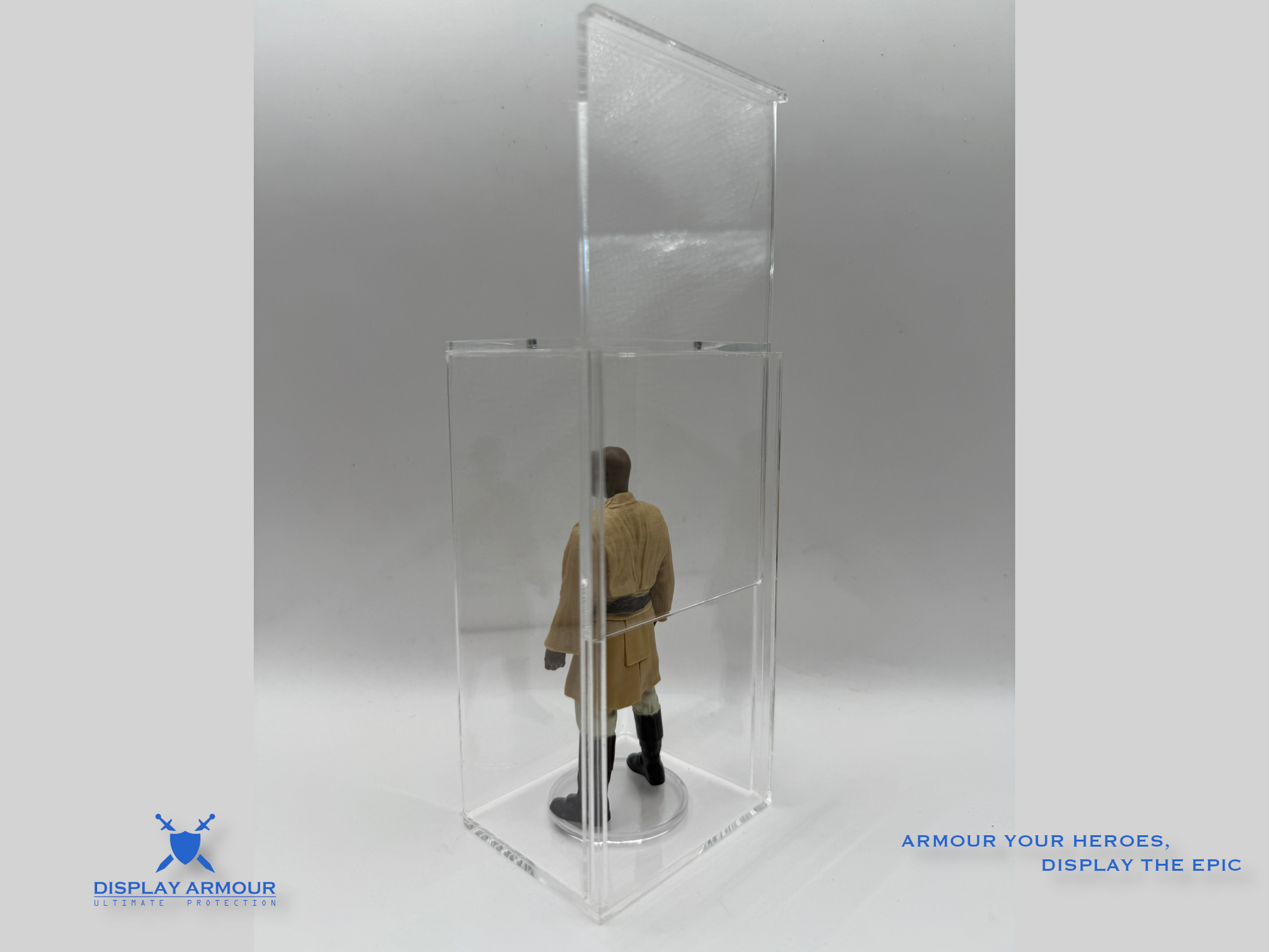 Oversized Star Wars Kenner display case – rear angle open slide panel configuration
