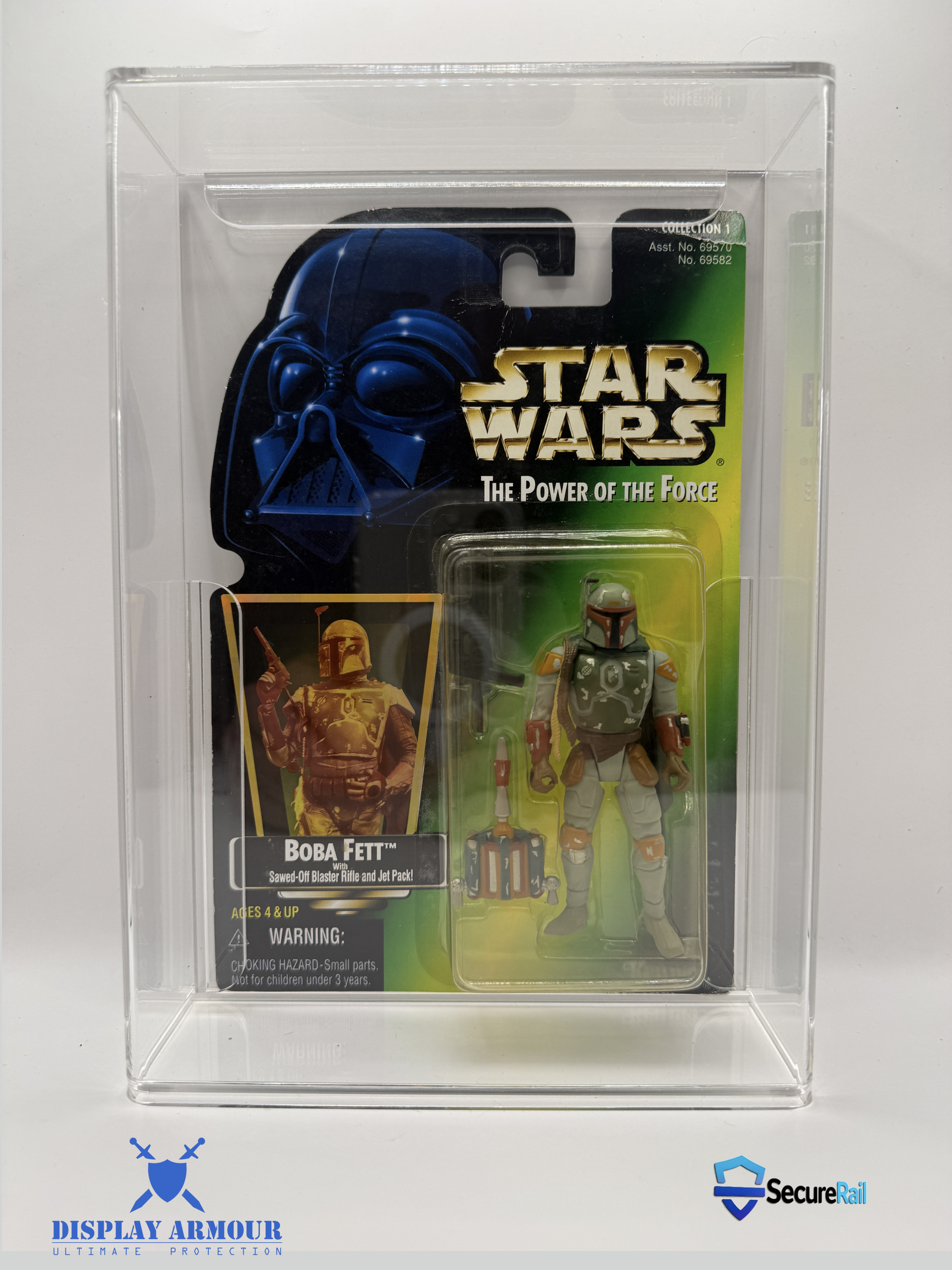 Star Wars Power of the Force Boba Fett acrylic display case front view by Display Armour — 4mm UV-protected case for mint on card figures.