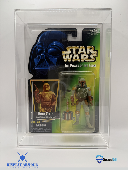 Star Wars Power of the Force Boba Fett acrylic display case front view by Display Armour — 4mm UV-protected case for mint on card figures.