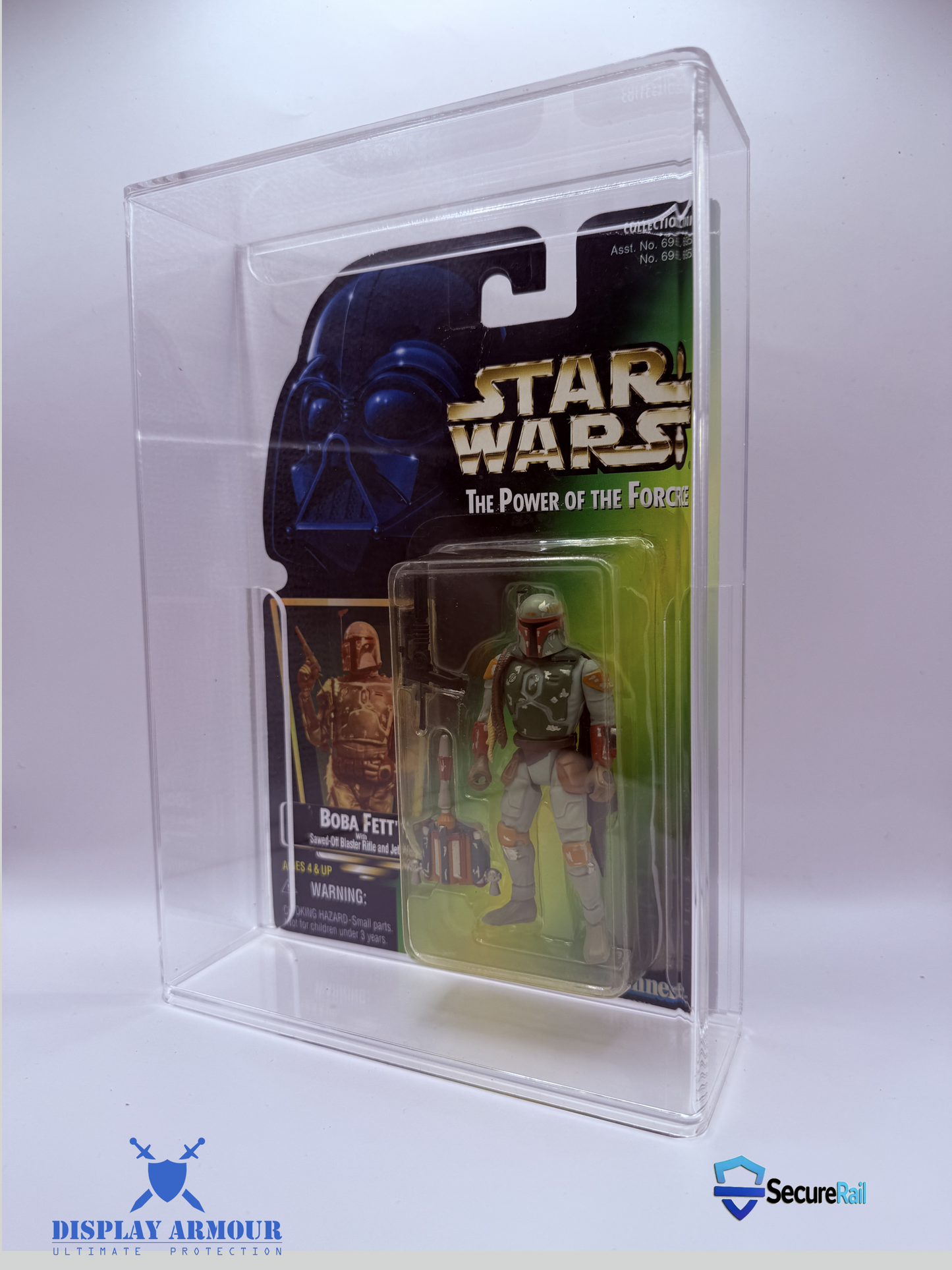 Side angle of Star Wars Power of the Force Boba Fett figure in acrylic display case by Display Armour — clear UV-protected premium case.