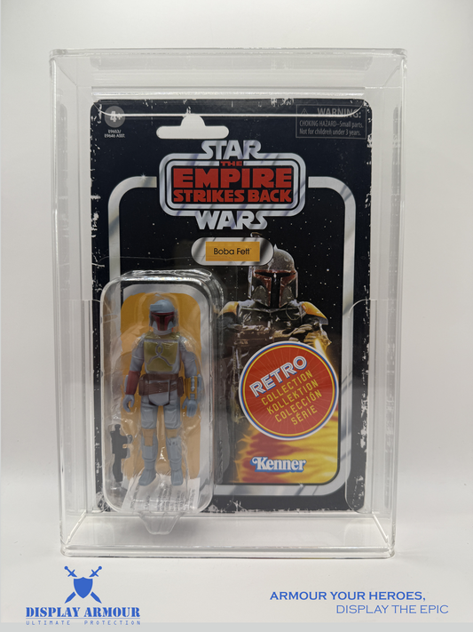 Star Wars Retro Collection Boba Fett action figure in a premium acrylic display case by Display Armour, offering UV protection and ultimate preservation.
