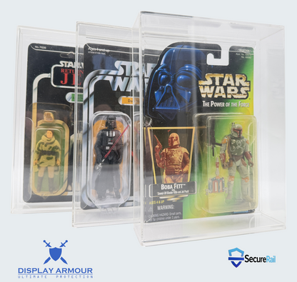 Star Wars Kenner and Vintage Collection MOC figures in acrylic display cases by Display Armour
