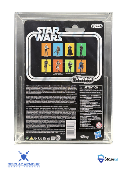 Star Wars Droids mint on card figure rear cardback in acrylic display case.