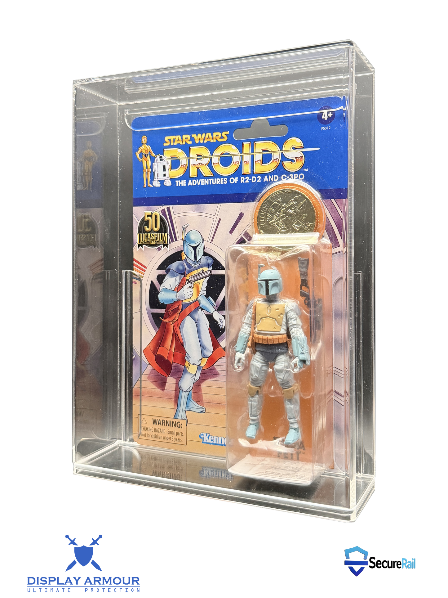 Star Wars Droids mint on card figure side angle view in acrylic display case.