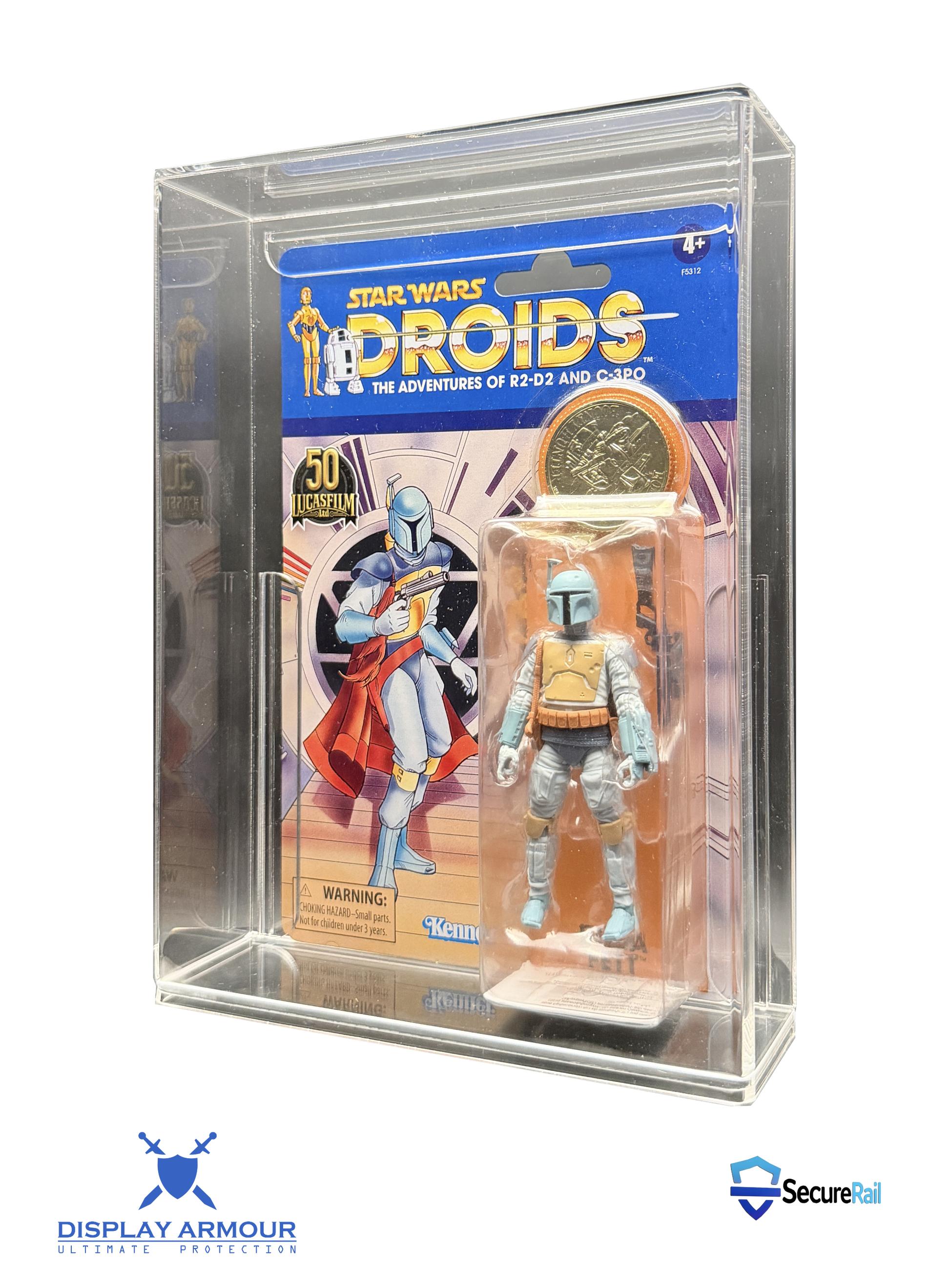 Star Wars Droids mint on card figure side angle view in acrylic display case.