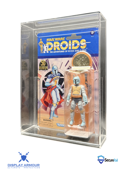 Star Wars Droids mint on card figure side angle view in acrylic display case.
