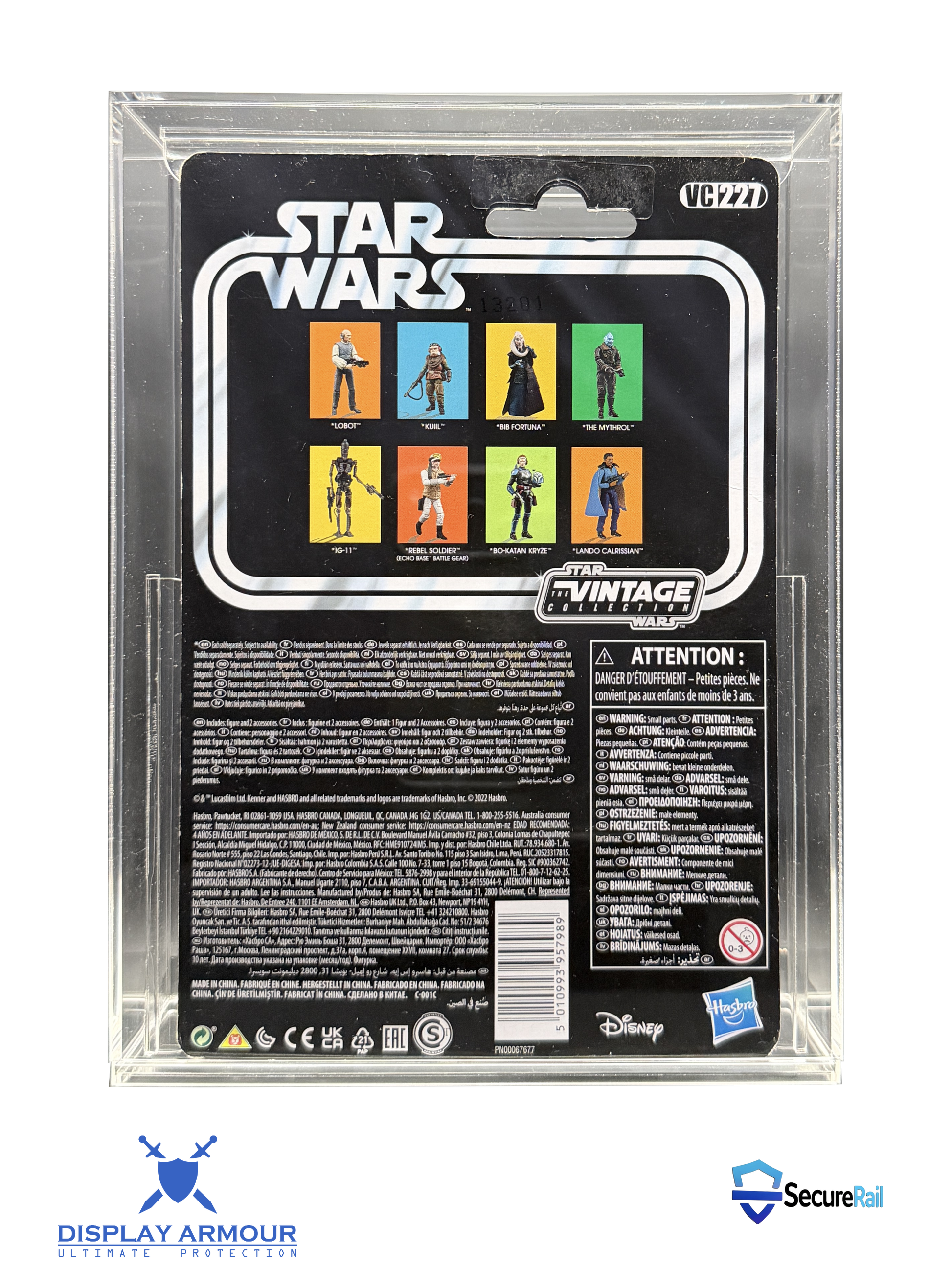 Star Wars Mandalorian mint on card figure rear cardback in acrylic display case.