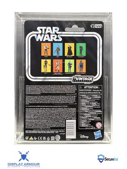Star Wars Mandalorian mint on card figure rear cardback in acrylic display case.