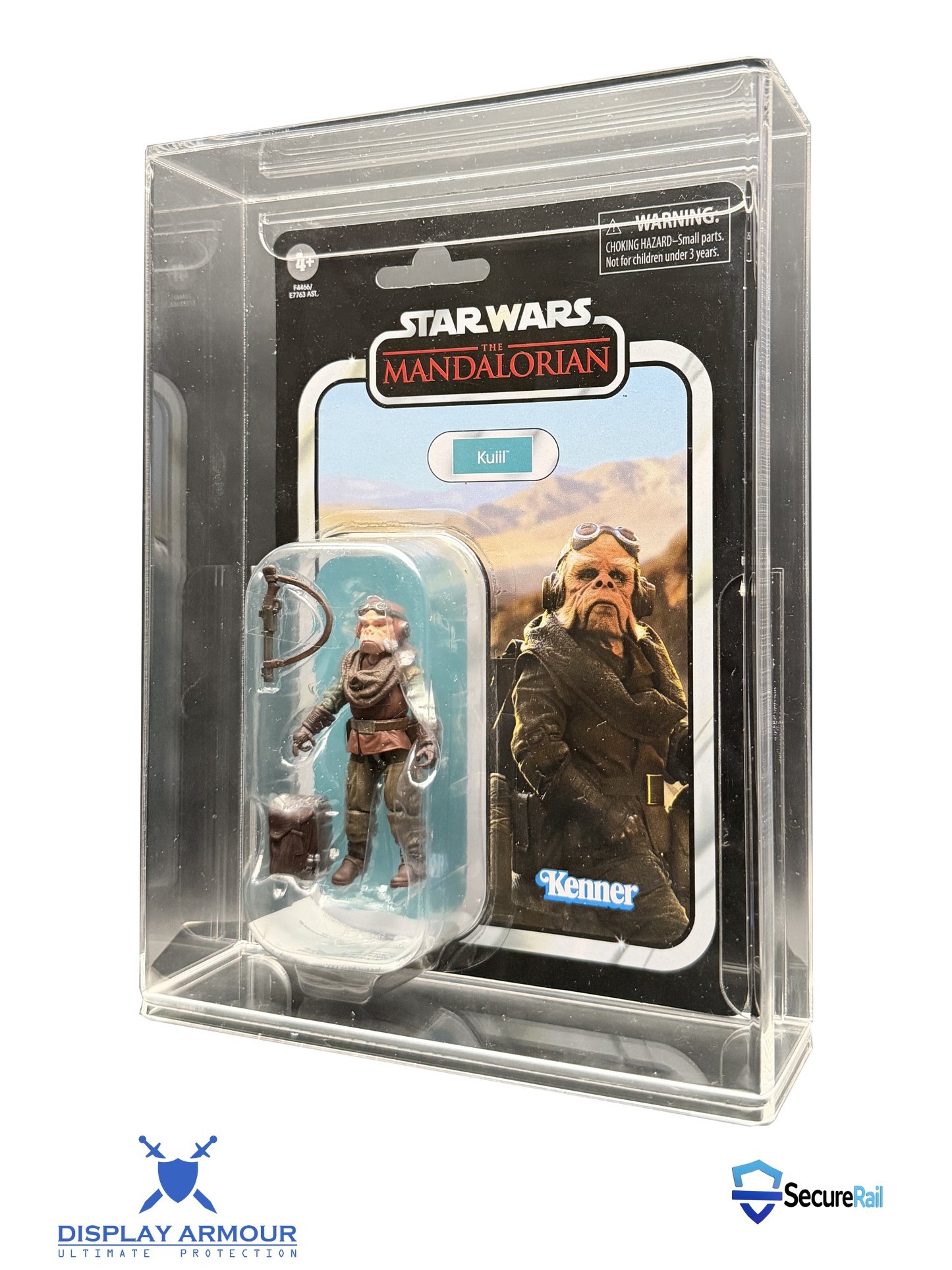 Star Wars Mandalorian mint on card figure side angle in acrylic display case.