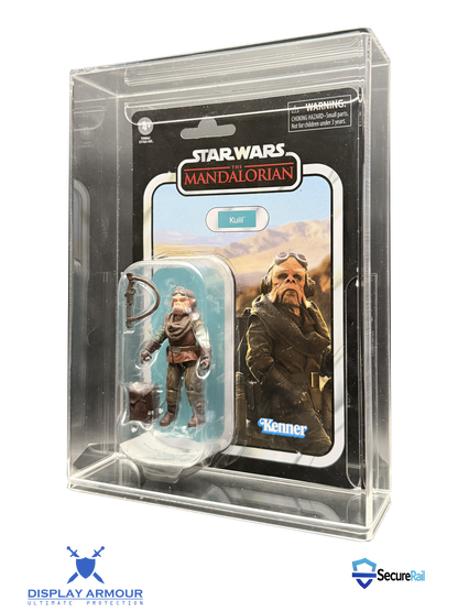 Star Wars Mandalorian mint on card figure side angle in acrylic display case.
