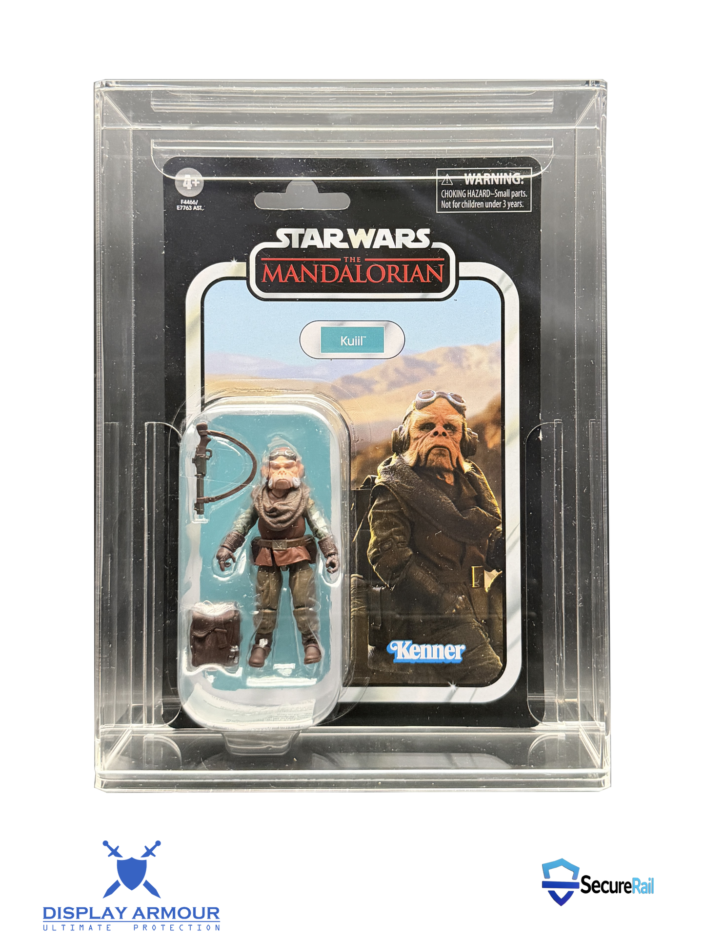 Star Wars Mandalorian mint on card figure front view in acrylic display case.