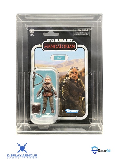 Star Wars Mandalorian mint on card figure front view in acrylic display case.