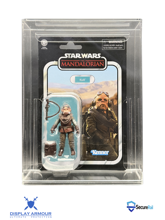 Star Wars Mandalorian mint on card figure front view in acrylic display case.