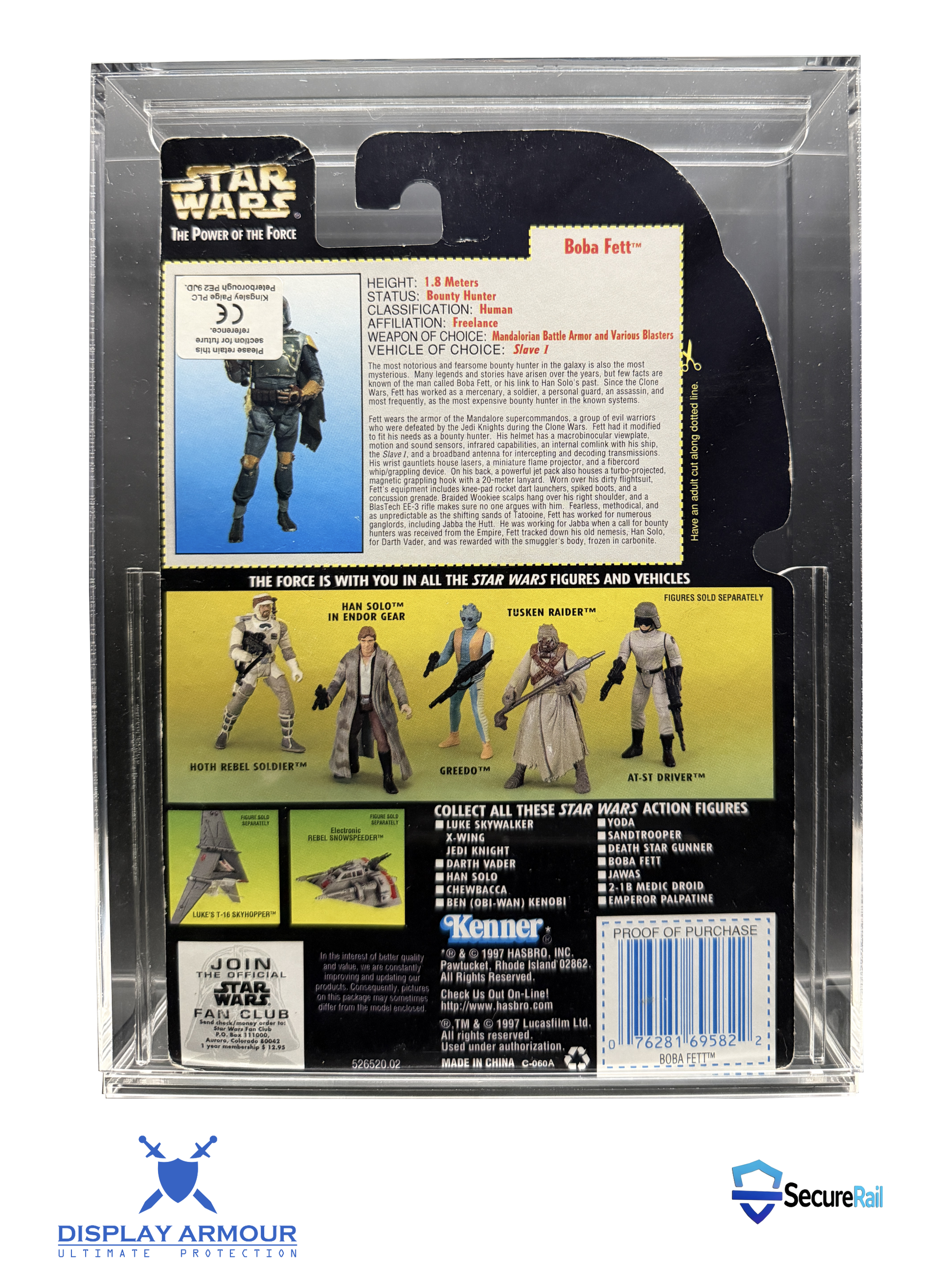 Star Wars Power of the Force mint on card figure rear cardback in acrylic display case.