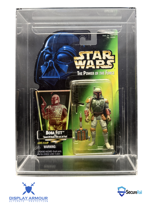 Star Wars Power of the Force mint on card figure front view in acrylic display case.